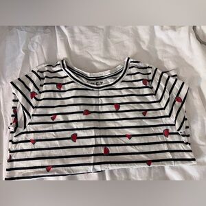 LOFT Black and White Striped Tee with Red Watermelon Print